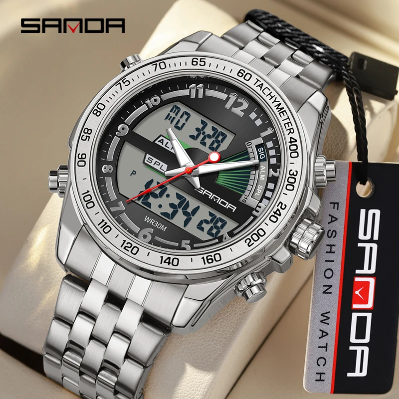 SANDA 3307 Men Watch Fashion Elegant Multifunctional Business Round Electronic Quartz Dual Display Stainless Steel Strap Watches