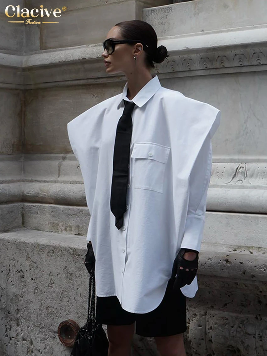 Clacive Fashion White Woman Blouse 2023 Elegant Lapel Long Sleeve Shirt Blusa Streetwear Chic Pocket Blusa Top Female Clothing