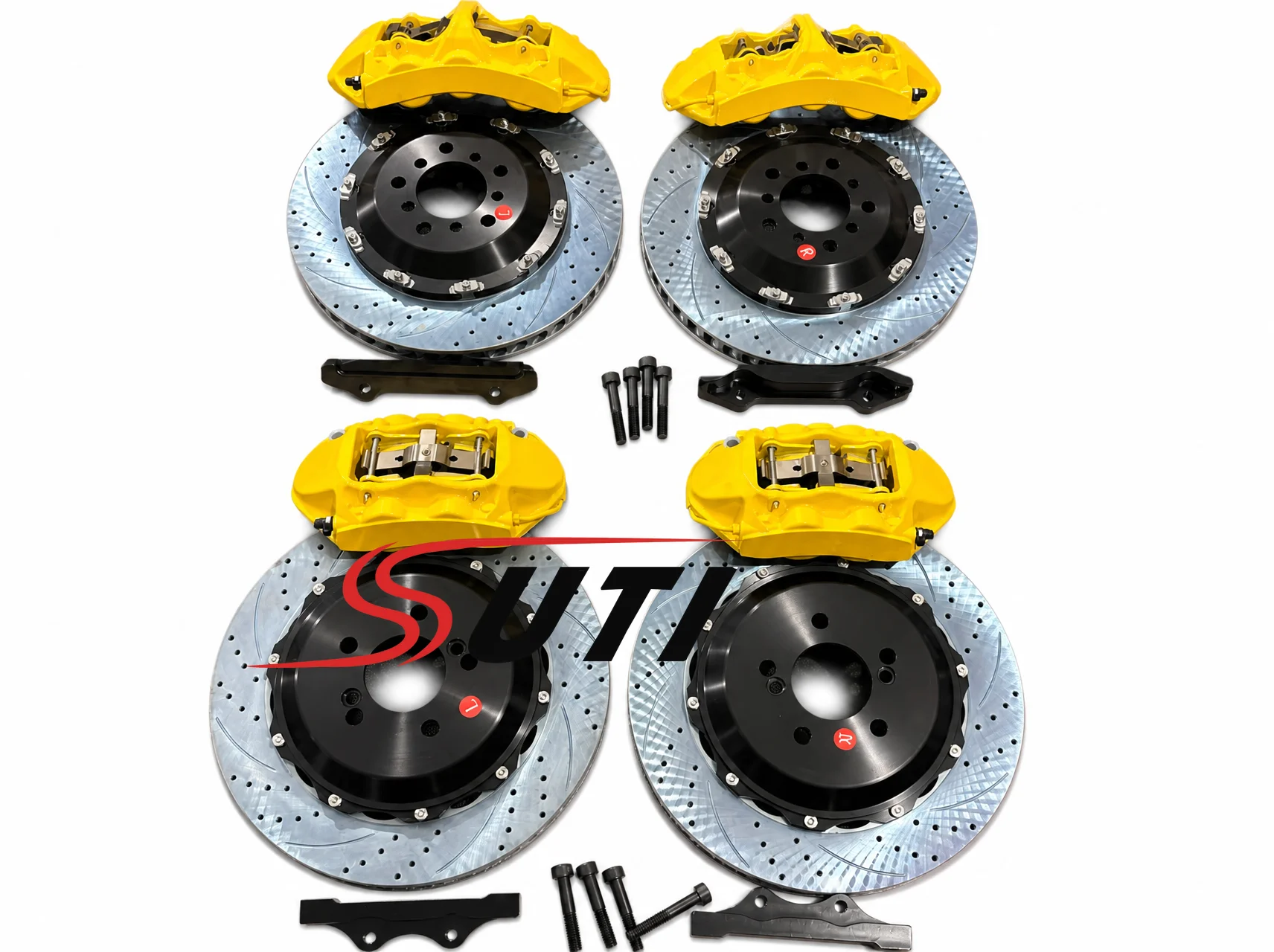 Big Brake Kit Two Piece Cross Drilled Slotted Rotors Yellow Multi Piston Calipers Brackets Bolts High Performance Auto Car Sale