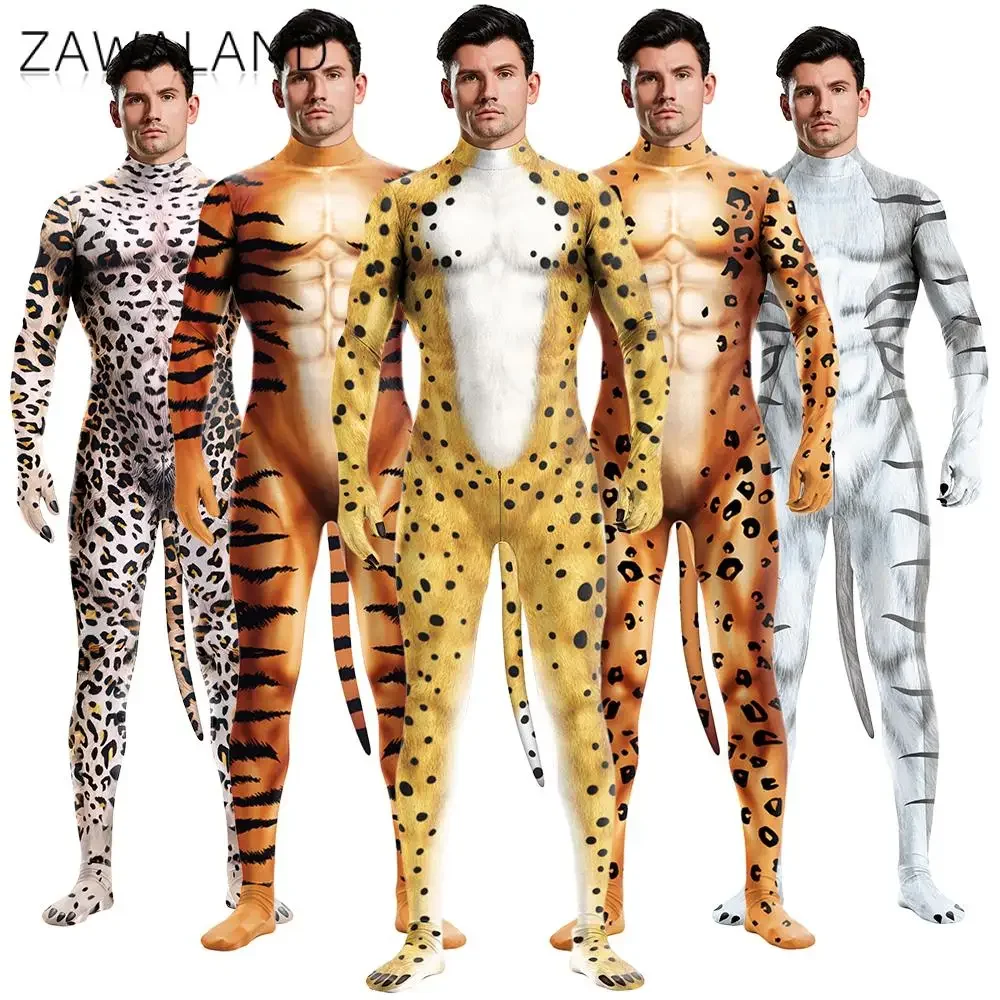 Zawaland Tiger Leopard Cheetah Petsuit para homens, traje de animal disfarçado, virilha com zíper, carnaval de Halloween