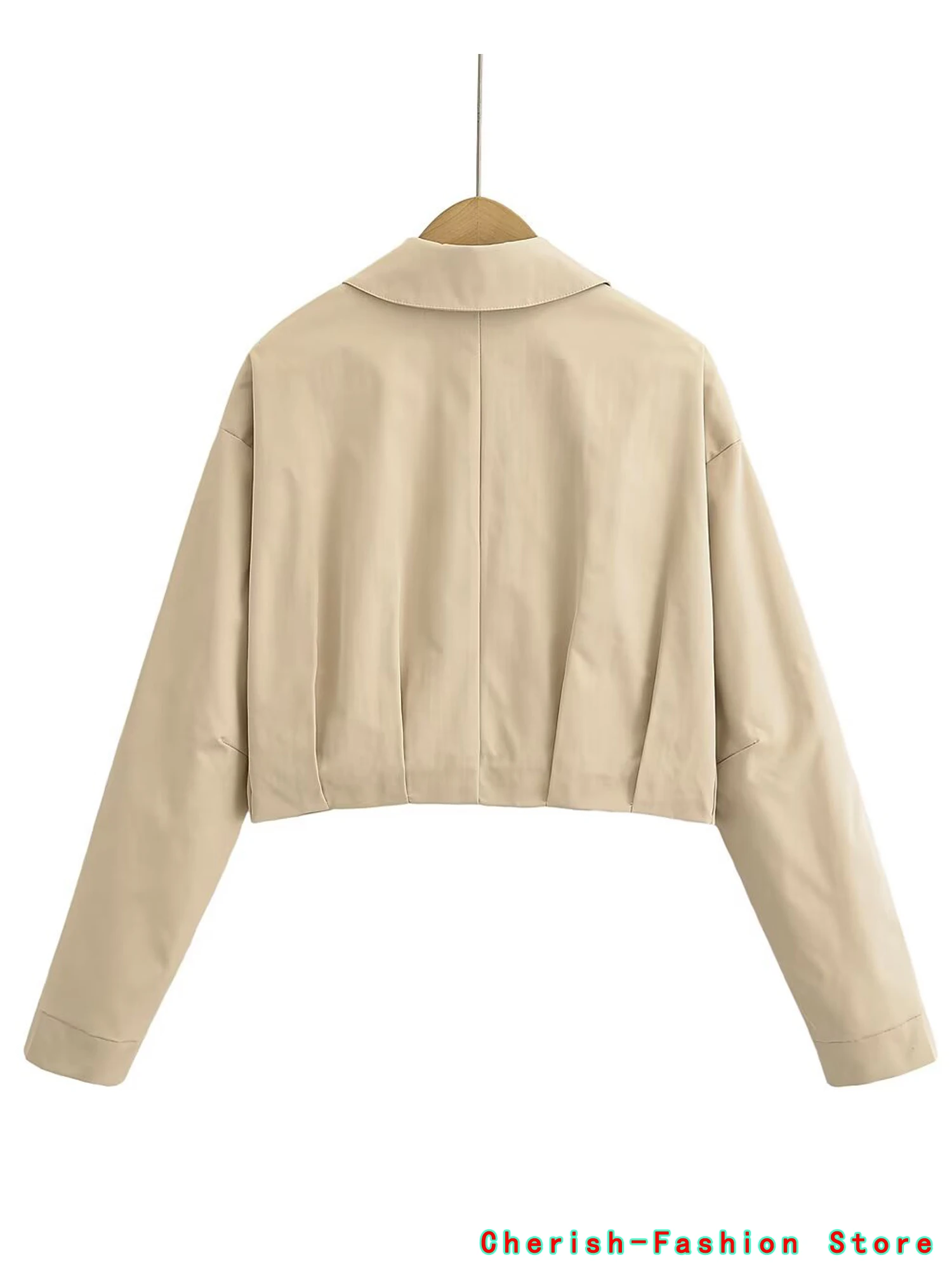 Zomer nieuwe eenvoudige en modieuze ritssluiting zichtbare taille geplooide decoratie brede revers lange mouwen korte jas casual jas Hot