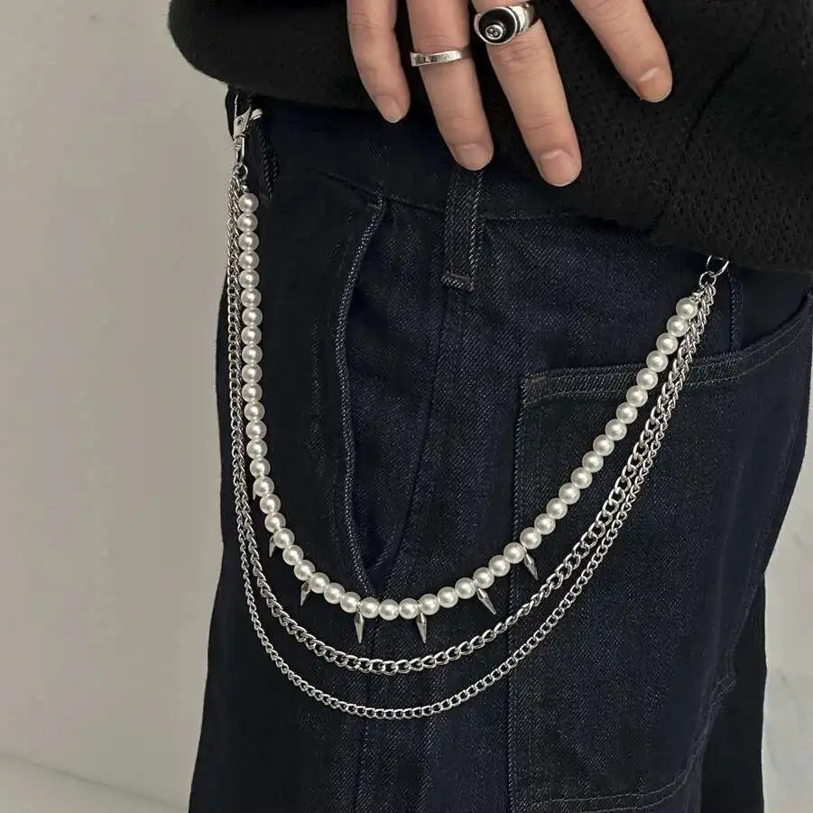 

Lacteo Hip Hop 3 Levels Silver Color Adjustable Waist Chain for Men Fashion Imitation Pearl Conical Pendant Pants Chain Jewelry