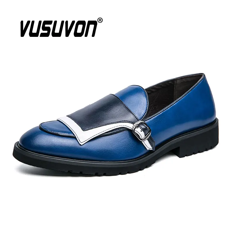 New Fashion Men Single Monk Shoes Split Leather Slip-on Round Toe Daily Business Dress Flats Comfortable Wear-Resistant