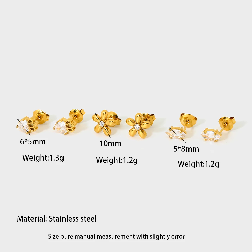 Dainty Women Earrings Jewelry Hypoallergenic 18K Gold Plated Stainless Steel Cubic Zirconia Flower Crown Eye Stud Earrings Set