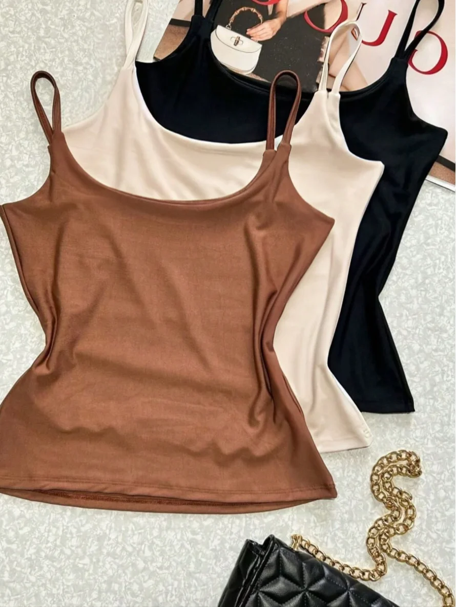 3Pcs Women Basic Cami Tank Tops, 95% Polyester 5% Spandex, Solid Color Sleeveless Slim Fit Camisole, Casual Daily Layering Under