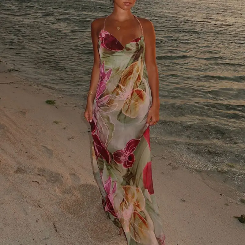 Combhasaki Donna Estate Boho Beachwear Catena di metallo Halter Collo ad anello Senza maniche Stampa floreale Backless Abito lungo con spacco alto Cami
