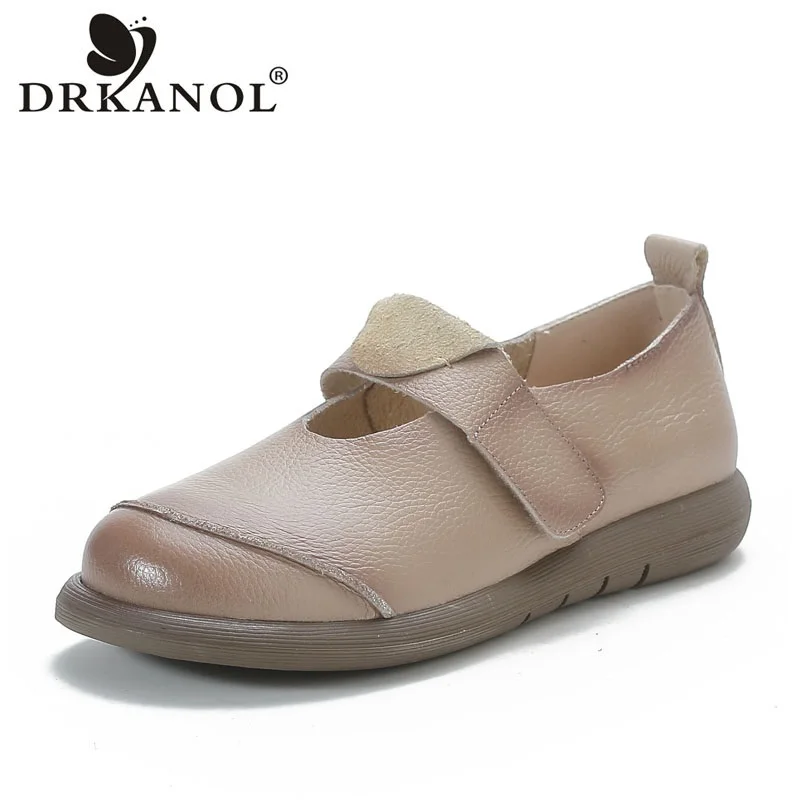 

DRKANOL Handmade Retro Genuine Leather Flat Shoes Spring Summer Loafers Shallow Soft Rubber Sole Comfort Hook Loop Single Shoes