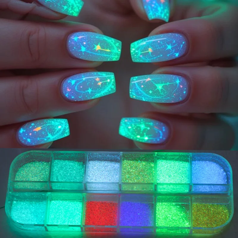 12 grilles de poudre à ongles scintillante holographique brillante qui brille dans le noir, effet lumineux, art des ongles, pigment chromé, paillettes, poussière