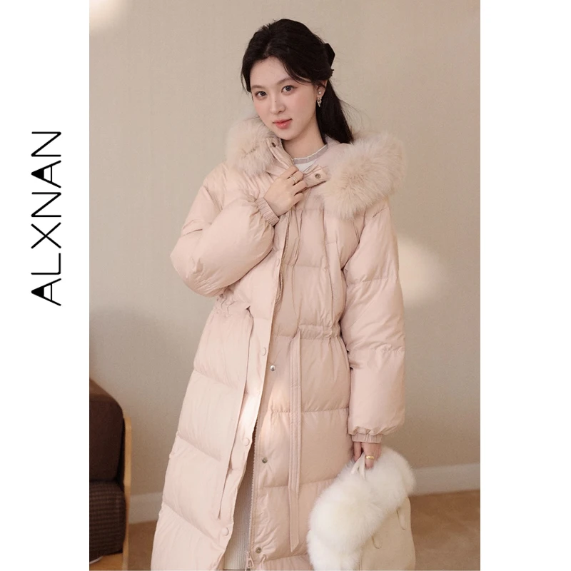 

ALXNAN Pink Women Winter Down Jacket 2025 Natural Fur Hooded Long Thick Warm Down Coats Fashion Elegant Parka Coat Female L59131