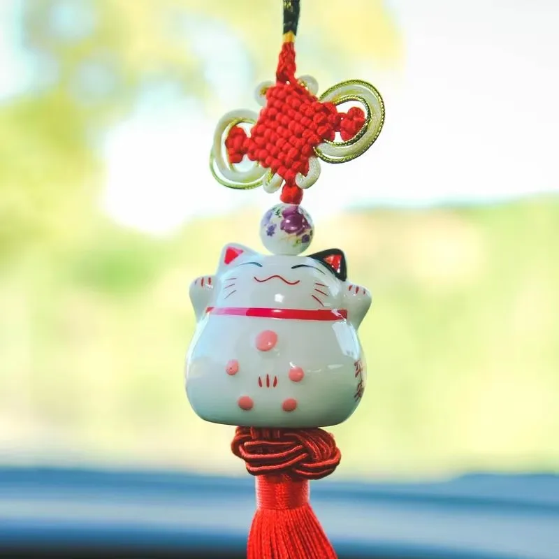 Ceramic Lucky Cat Car Pendant Cute Smiling Face Hanging Ornament Peace Good Fortune Decor