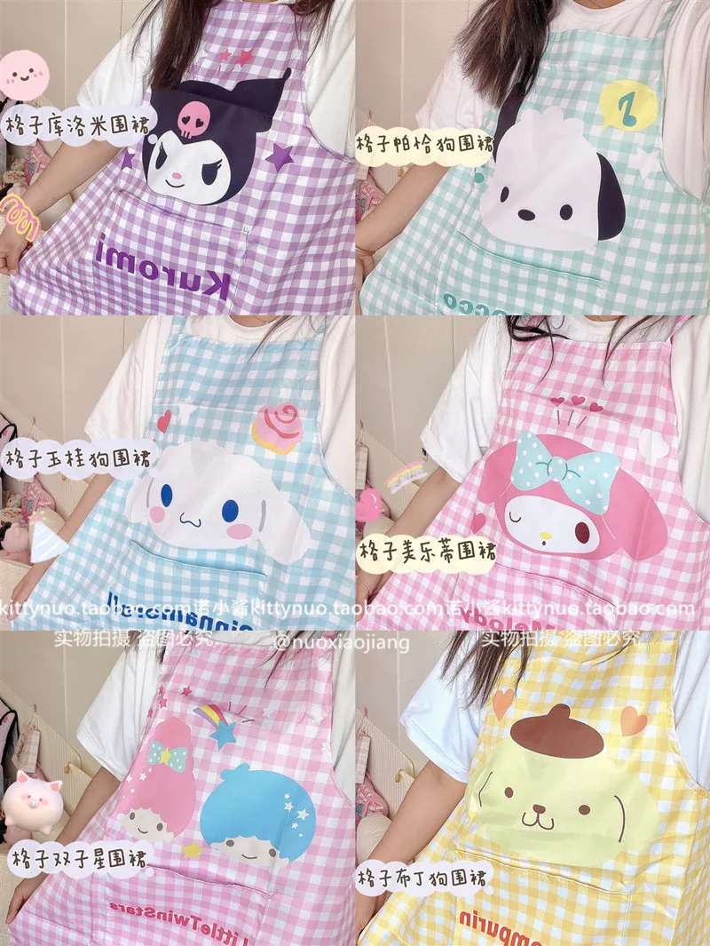 Cute Plaid Sanrio Kuromi Cinnamoroll My Melody Apron Home Kitchen Household Anti Dirt Apron Big Girl Woman Apron