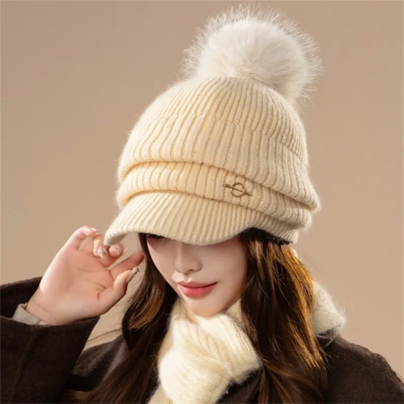 Women's winter knitted peaked cap, ear-protecting, Korean style, cross-border windproof, thickened for students and cycling.