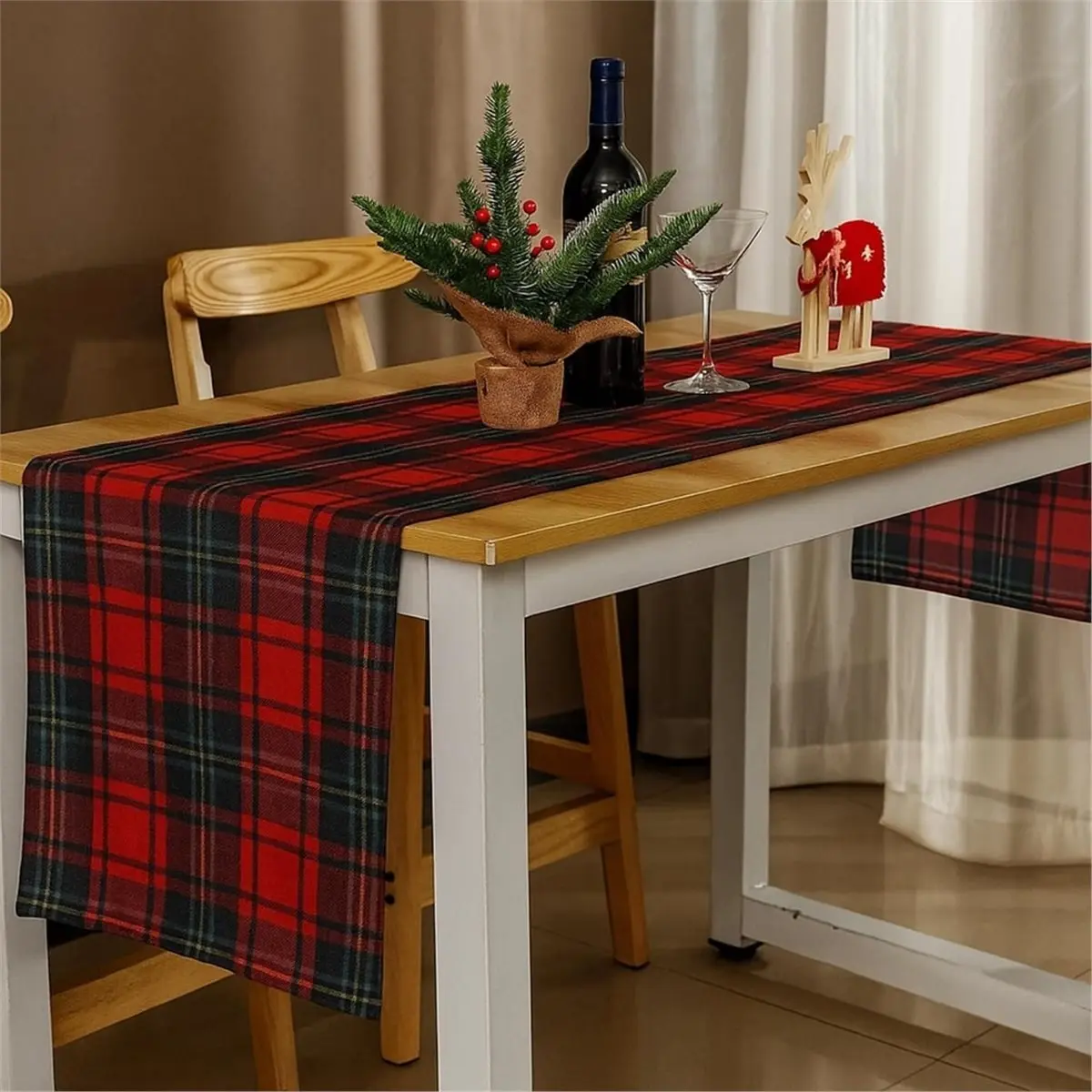 2 Pcs Christmas Tartan Plaid Table Runner 72 X 13 Inch Red Green Scottish Tartan Table Decoration for Kitchen Dinner