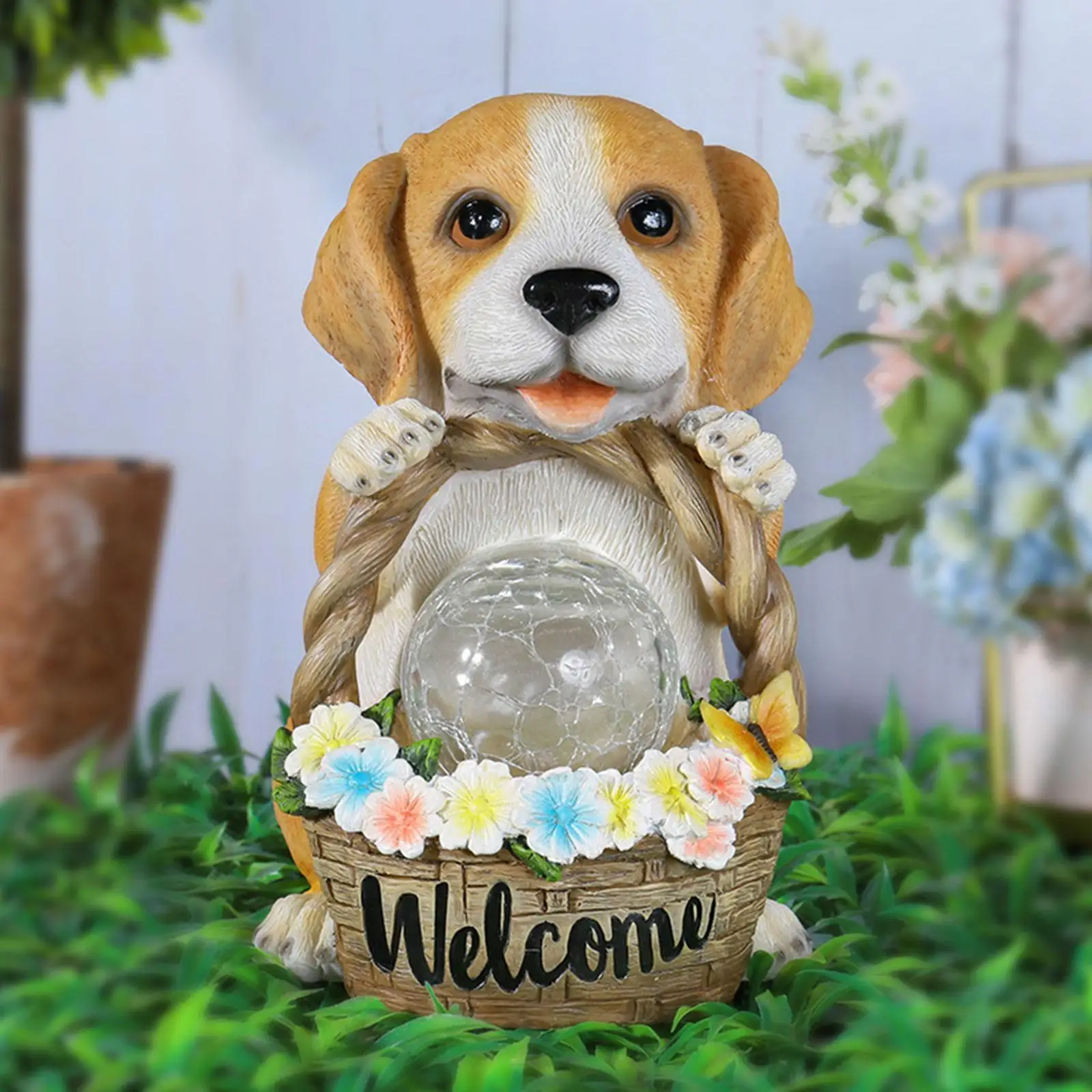 Solar Puppy Statue Light Dog Figurine LED Light Waterproof Resin Garden Decorations Creative for Outside Yard Garden