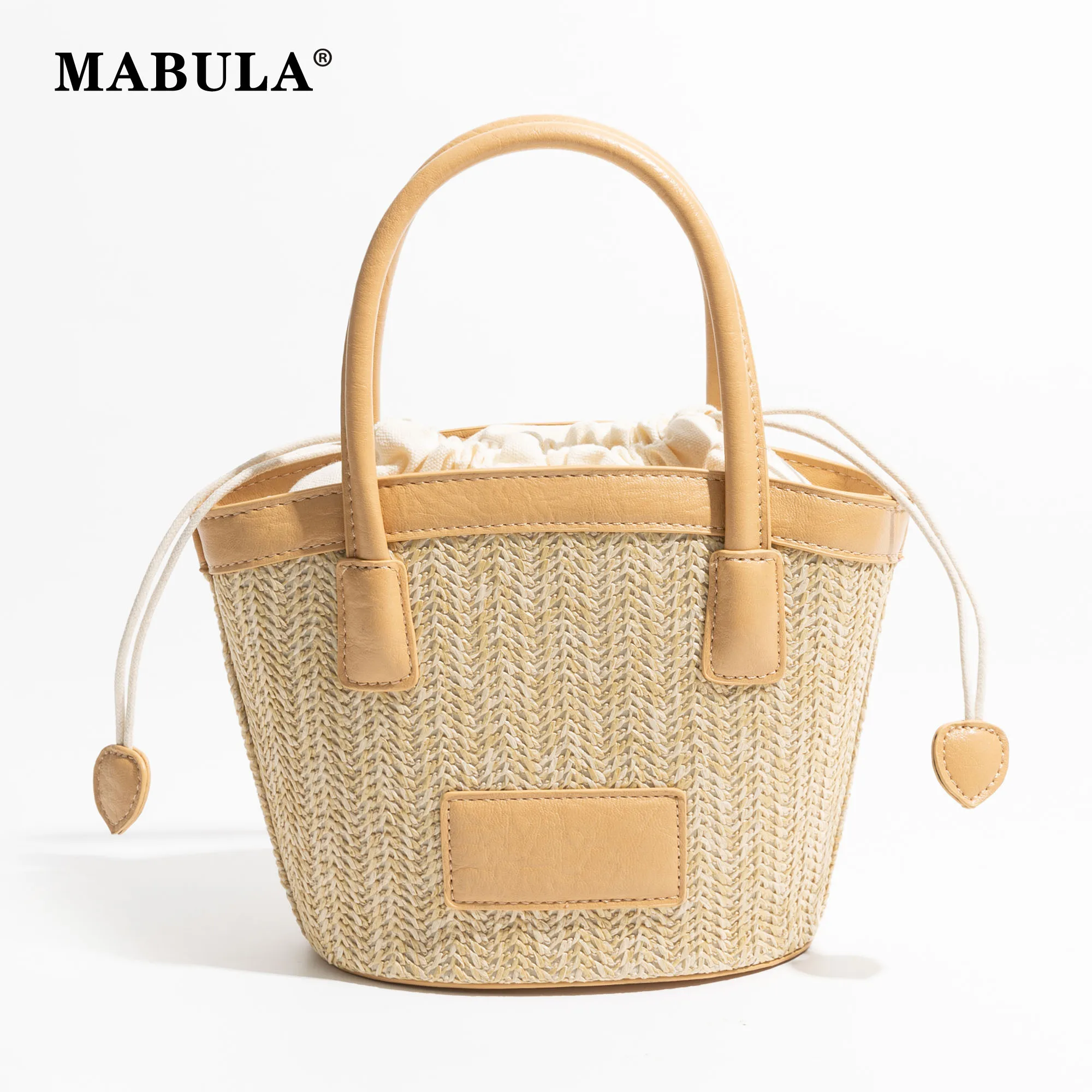 MABULA Spring Summer Basket Tote Bag Drawstring Inner Pocket Straw Woven PU Handle Women's Crossbody Satchel For Beach Travel