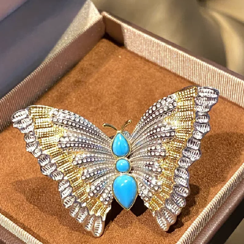 

ARIGAYA стерлингового серебра 925 пробы, роскошное открытое кольцо с цирконом, синей бирюзой и бабочкой, ювелирные изделия для женщин