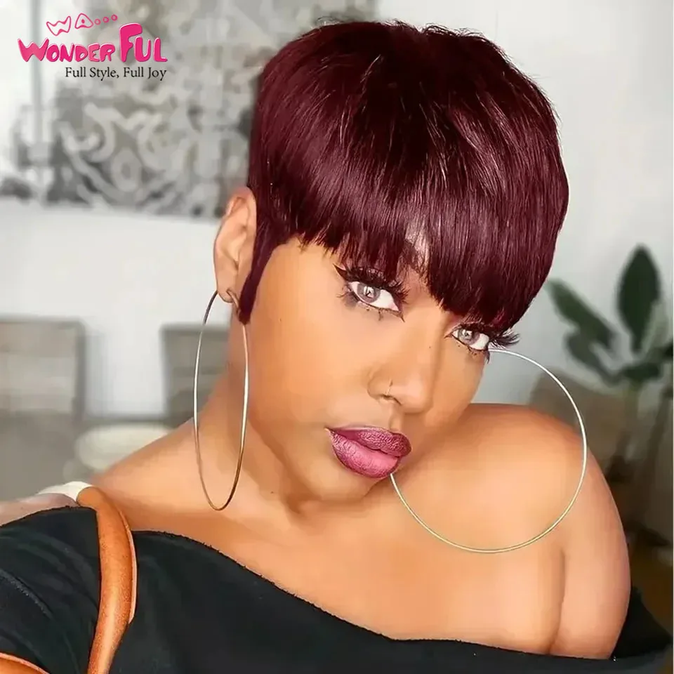 Red Burgundy 99J Color Short Bob Pixie Cut Wig With Bangs Straight 100% Remy Human Hair Wigs For Women Full Machine Made Wig