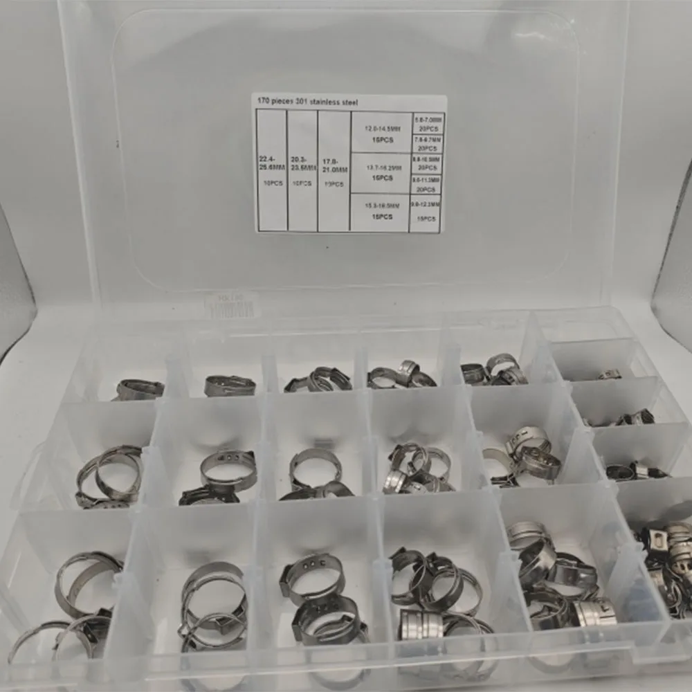 170 Stück Einohr-Schlauchklemmen, 11 Größen 1/4-1 Zoll, stufenloses Crimp-Set mit Cinch-Ringen für Sanitärschläuche – Detail 3