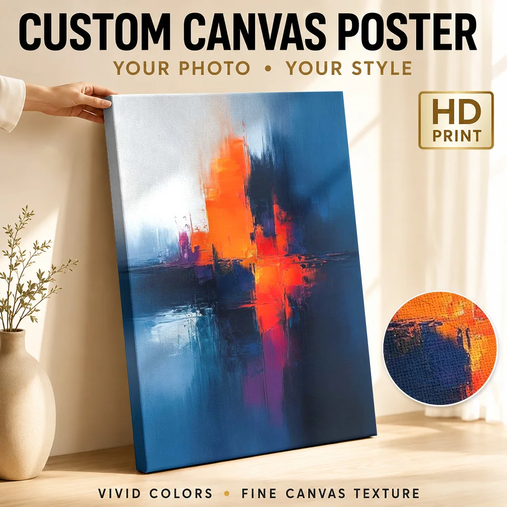 Orange And Blue Color Fields Canvas Print Personalized Photo Layered Abstract Composition Wall Art For Modern Apartment Lounge