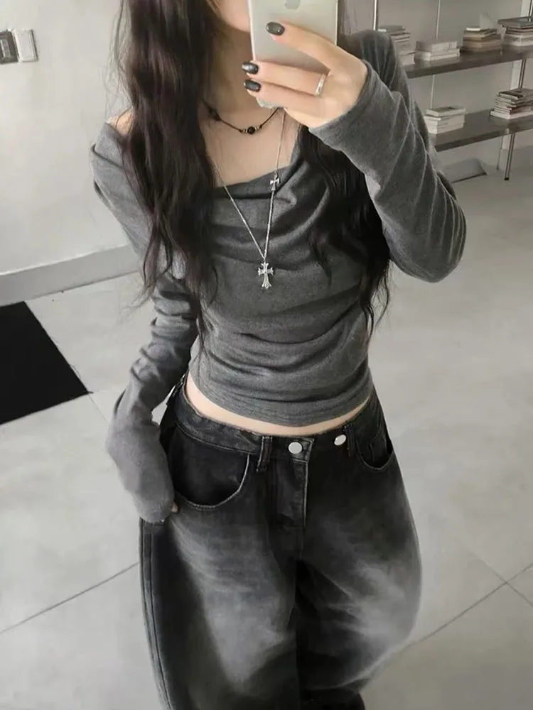 Sexy Slash Neck Long Sleeve T Shirt Women Autumn Korean Slim Crop Tops Y2K Streetwear Chic Off Shoulder Hot Girl Tight Tees