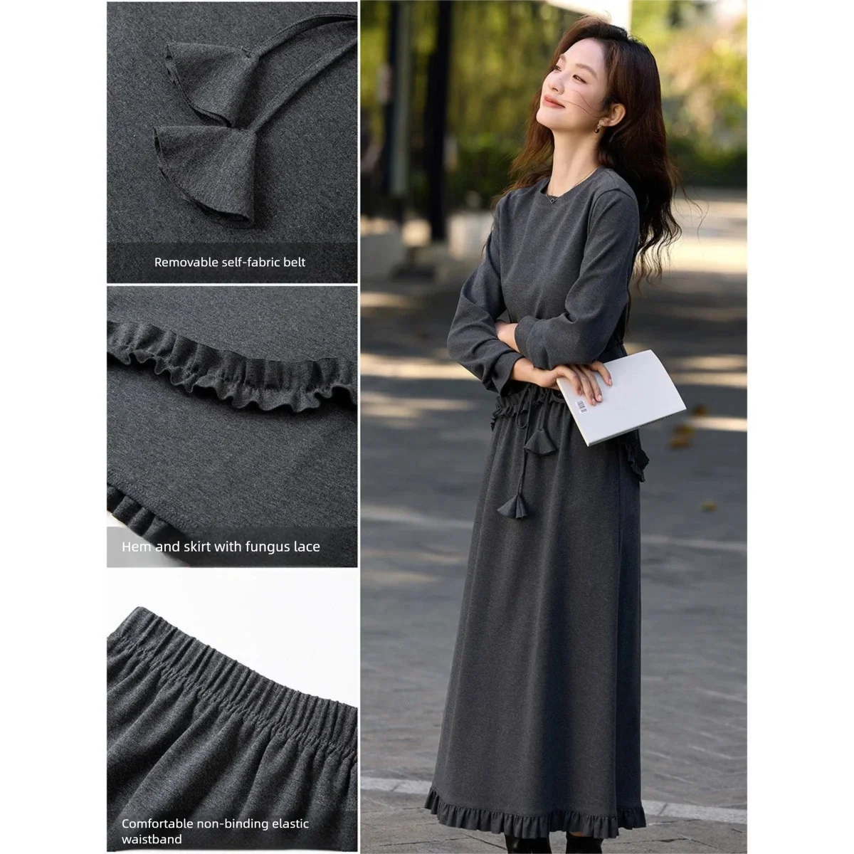 VIMLY Gray Two-piece Set Women 2026 Autumn New Ruffle Elegant Round Neck Pullover Long Skirt Office Lady Matching Outfit A3602 view 3