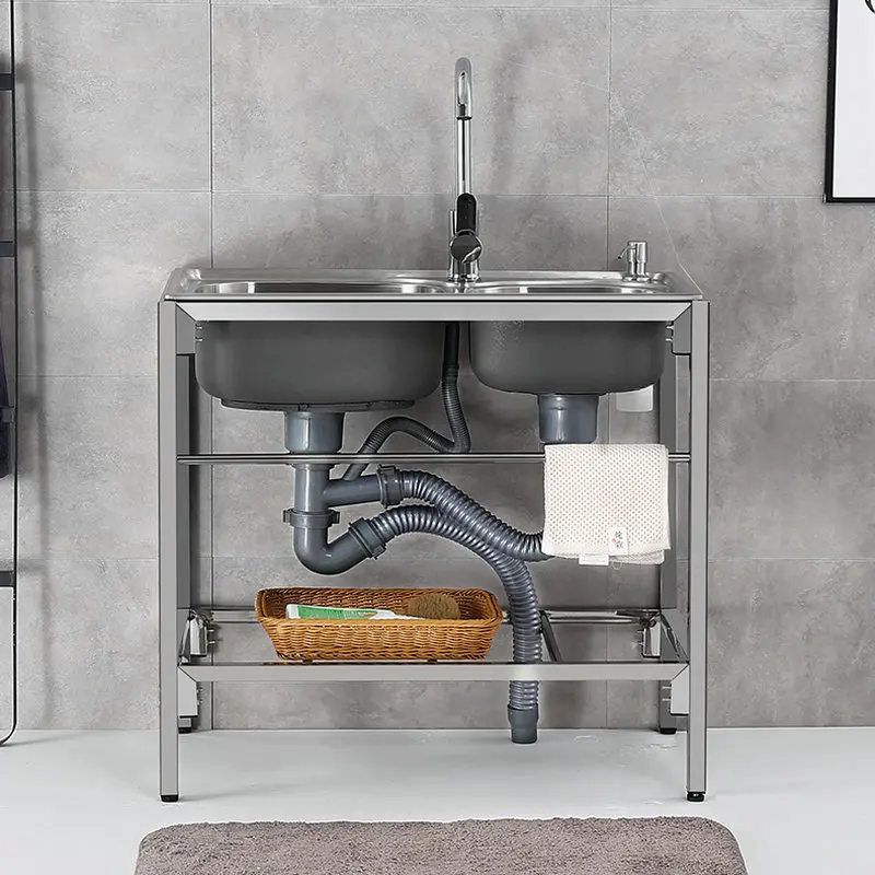 

Fabricated Outdoor Free Standing 100% Whole Body Stainless Steel 304 Double Kitchen Sink Wash Basin with Bracket