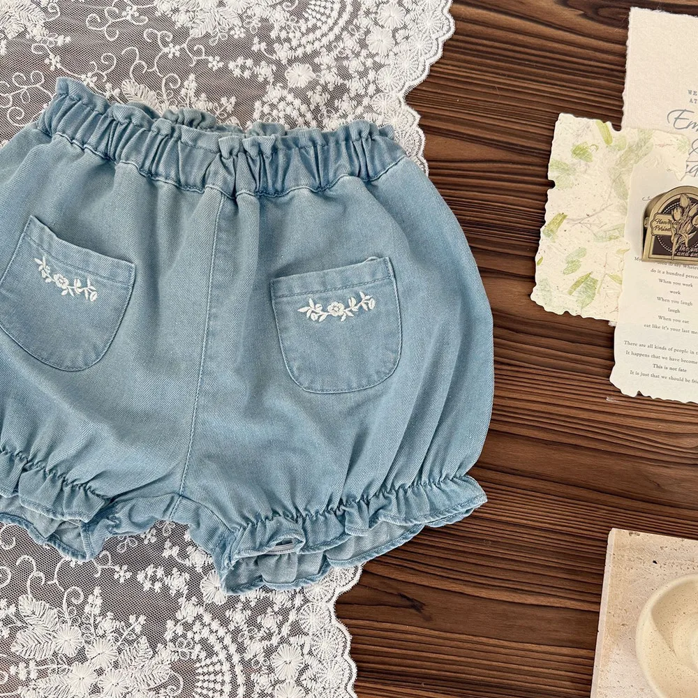 

summer pants baby girl clothes kids shorts cotton cute Vintage embroidery shorts Girls' denim colored shorts