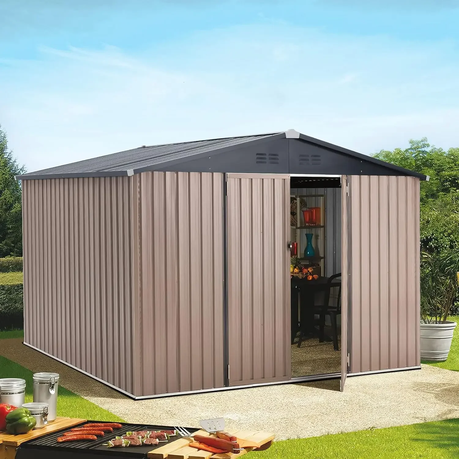 8' x 10' Metal Storage Shed for Outdoor, Steel Yard Shed with Design of Lockable Doors, Utility and Tool Storage for Garden