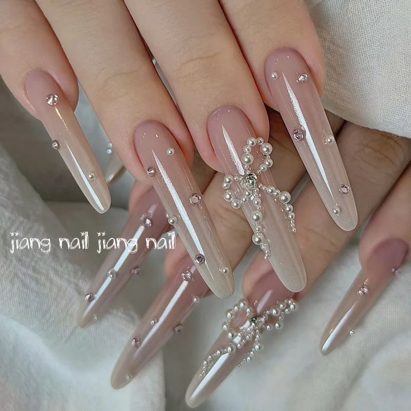 LYLE 3Pcs Finished Stacked Nail Ornaments Pearl Ribbon Bow Zircon Gem Flower Handmade Nail Gems Elegant Nail Art Accessories