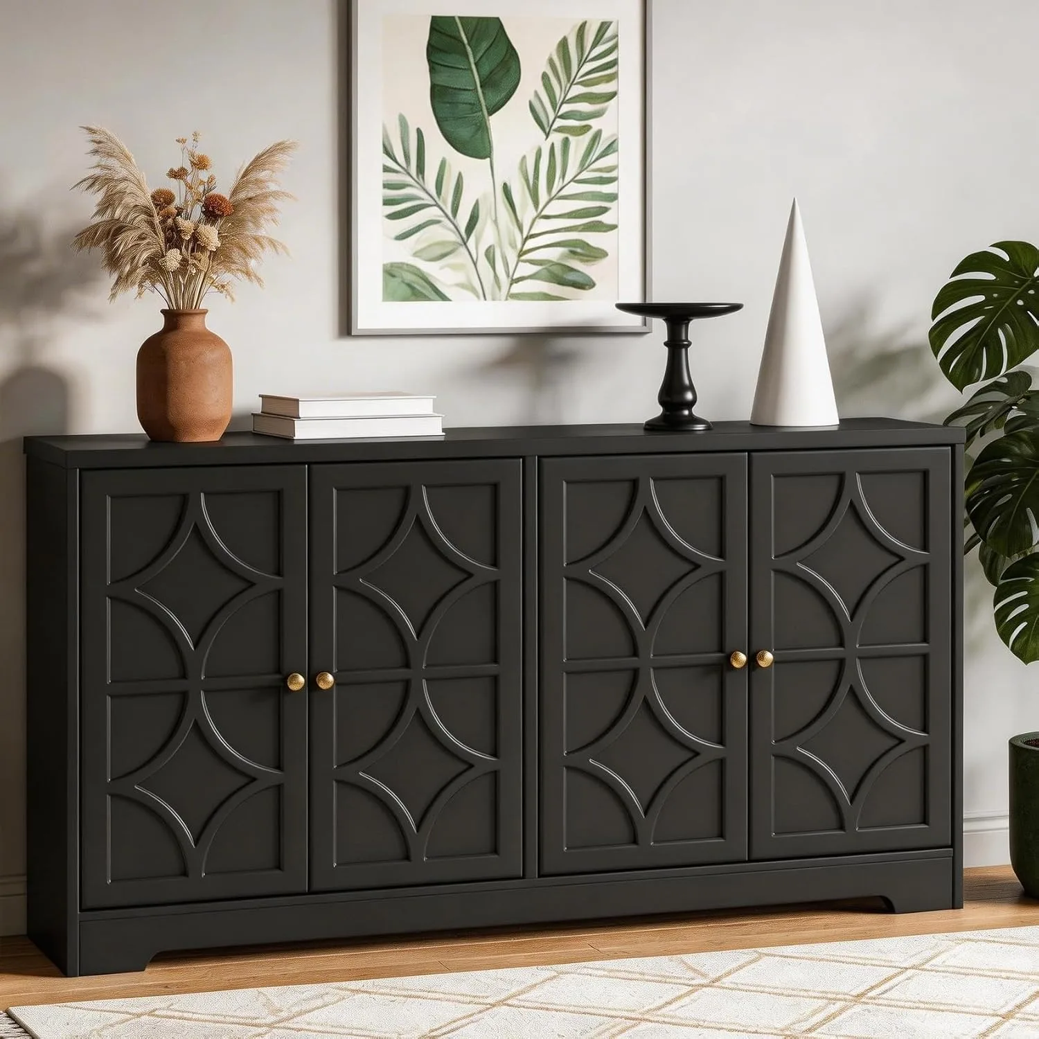Sideboard Buffet Cabinet with Storage, 56" Modern Sideboard with 4 Carved Doors, Large Wood Coffee Bar Console Table for Kitchen, Dining Room, Entryway, Living Room, Black