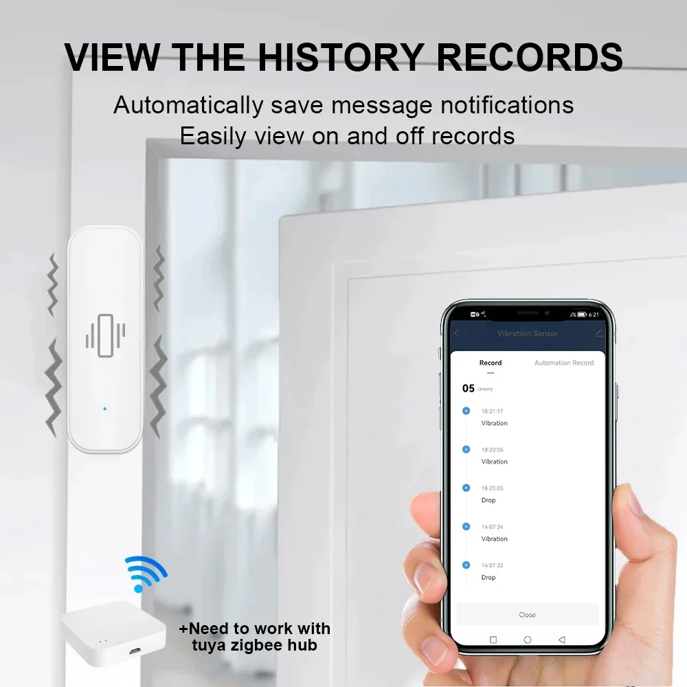 Sensor de vibración inteligente ZigBee, Monitor por aplicación, protección de seguridad para el hogar, alarma de choque de movimiento, compatible con Tuya Smart Life Zigbee2MQTT