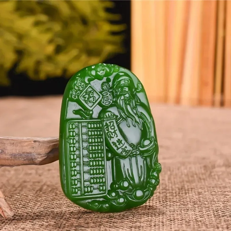 

Natural Chinese Green Hand-carved Jade Pendant God of Wealth Fashion Boutique Men and Women God of Wealth Ruyi Abacus Necklace