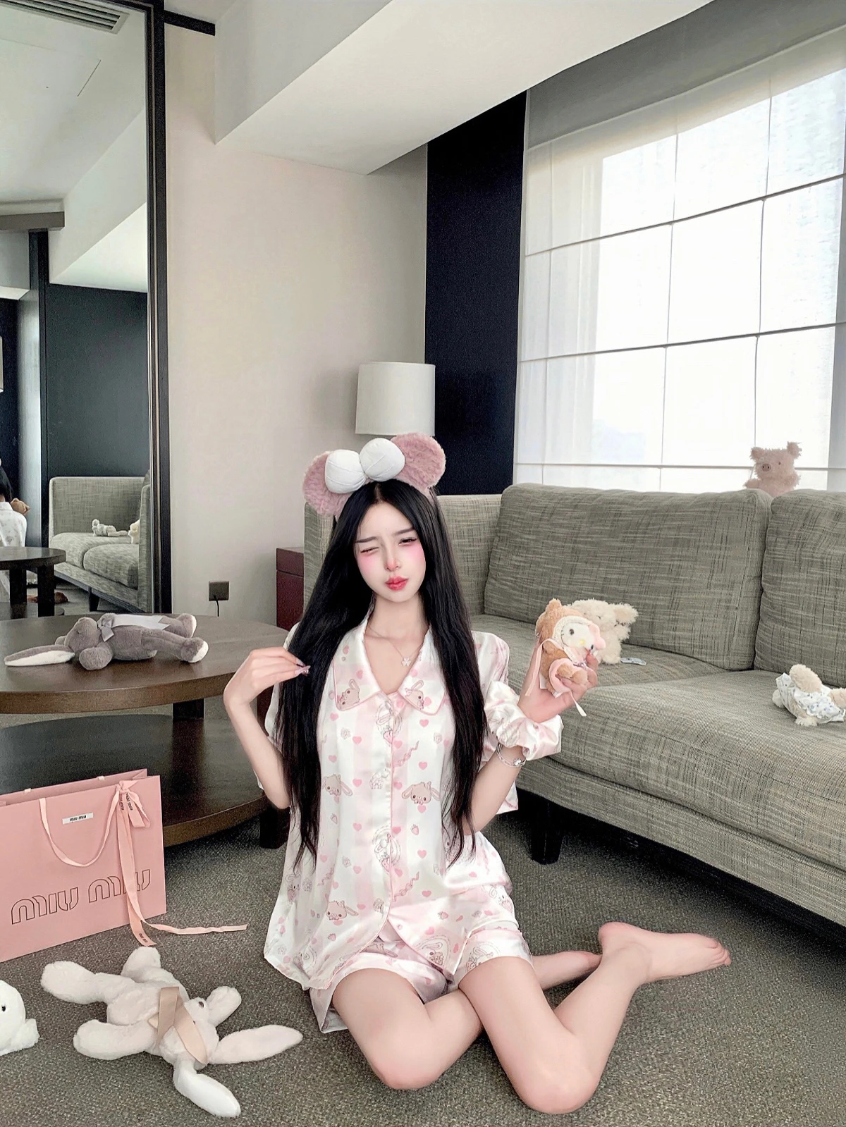original-sweet-striped-rabbit-ice-silk-short-sleeve-sleepwear-set-spring-summer-cute-cartoon-home-clothes-2026-new-arrival