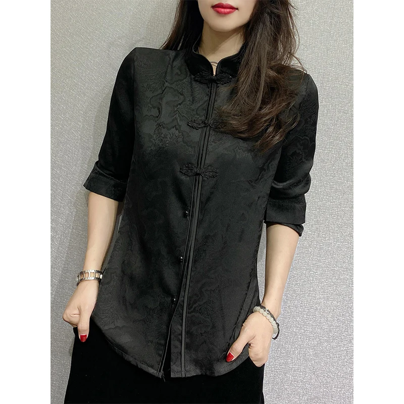 2024 New Fall Winter Vintage Clothes High Quality Loose Shirts Office Lady Blouses Sexy Button Women\'s Stand Black Tops 311134