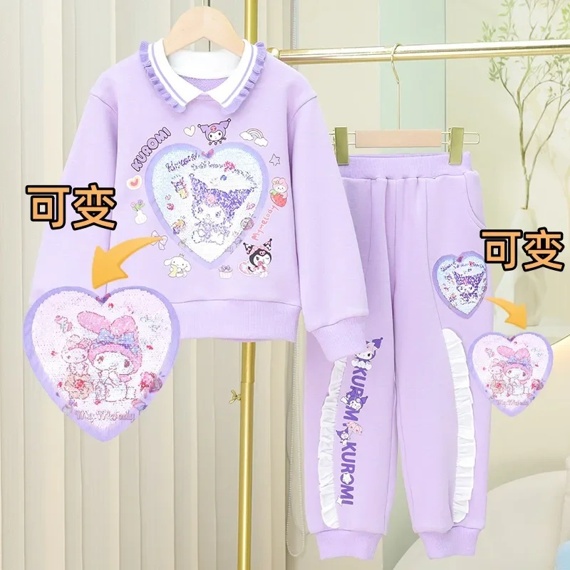 2 pz/set Sanrio Anime Kuromi Melody Kid Girl peluche felpa cappotto + Sweatpant bambino carino caldo abbigliamento sportivo tuta abbigliamento Casual