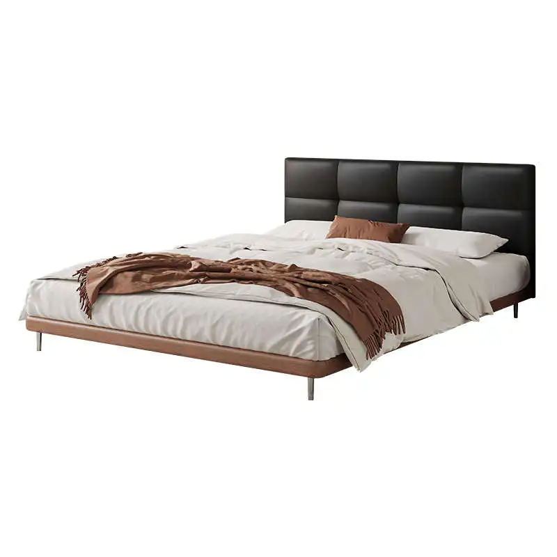 

‌Italian Minimalist King-Size Bed for Master Bedroom – Luxury Retro Black Upholstered Bed with Top-Grain Cowhide Leather