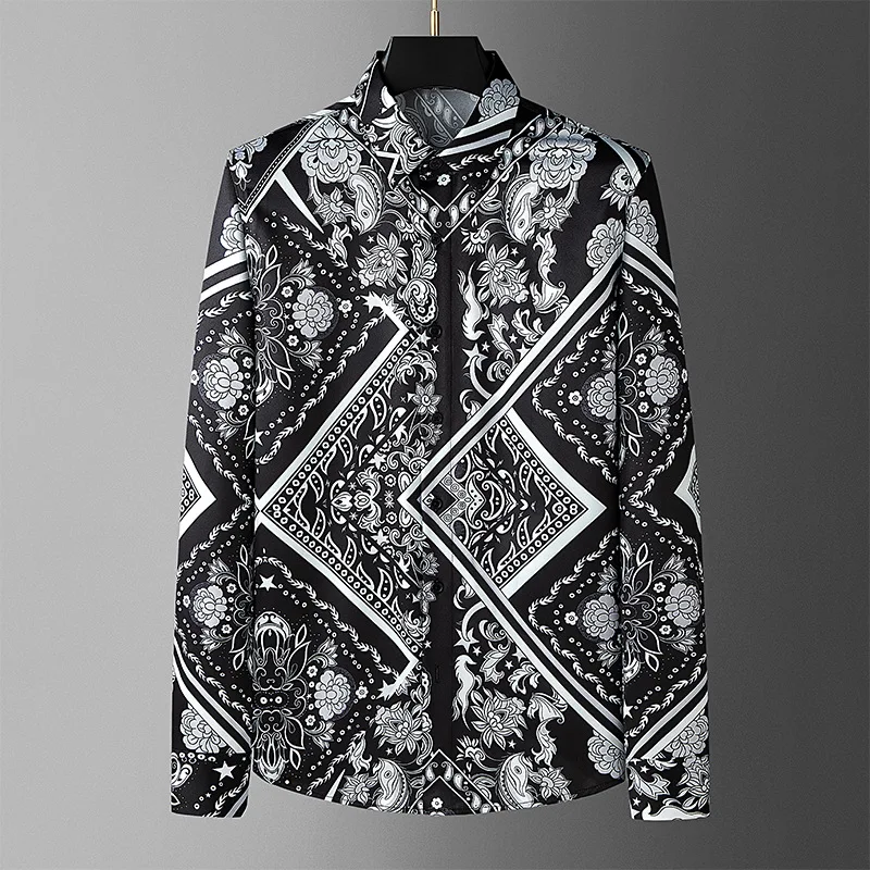 2025 Autumn/winter Printed Long Sleeved Shirt Men Slim Fit Casual Shirts Fashion Ironless Business Social Dress Shirt Streetwear