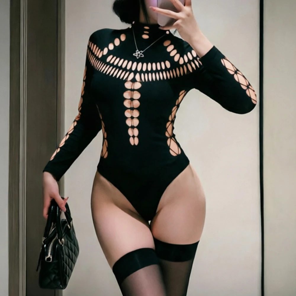 Damen-Bodysuit mit überkreuzten Trägern und Aussparungen, langärmlig, eng anliegend, Y2K-Trend, sexy, einfarbig, für Rave-Partys, Club- und Streetwear-Outfits – Detail 4
