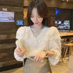 Elegant V-Neck Gauze Ruffles Lace Lantern Sleeve Shirt Female Clothing 2023 Autumn Winter New Casual Tops Loose Sweet Blouse