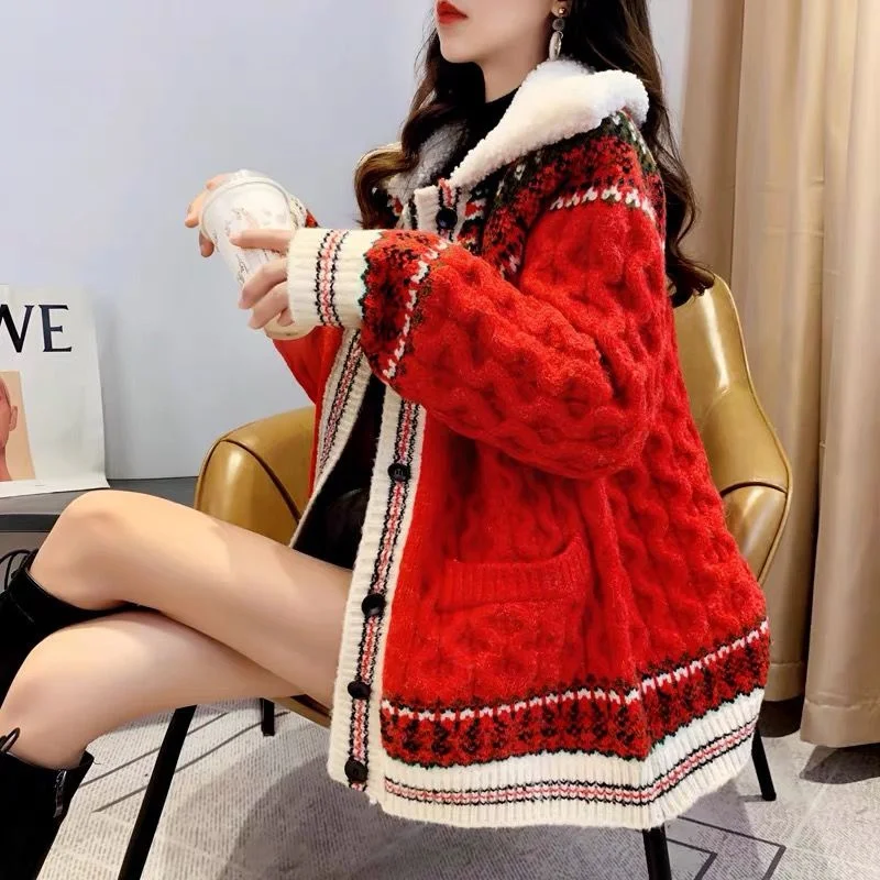 Women Splicing Sweater Plush Thickened Coat Female Ethnic Red Sweater Autumn Winter Women's Loose Knit Cardigan Jacket XQ278