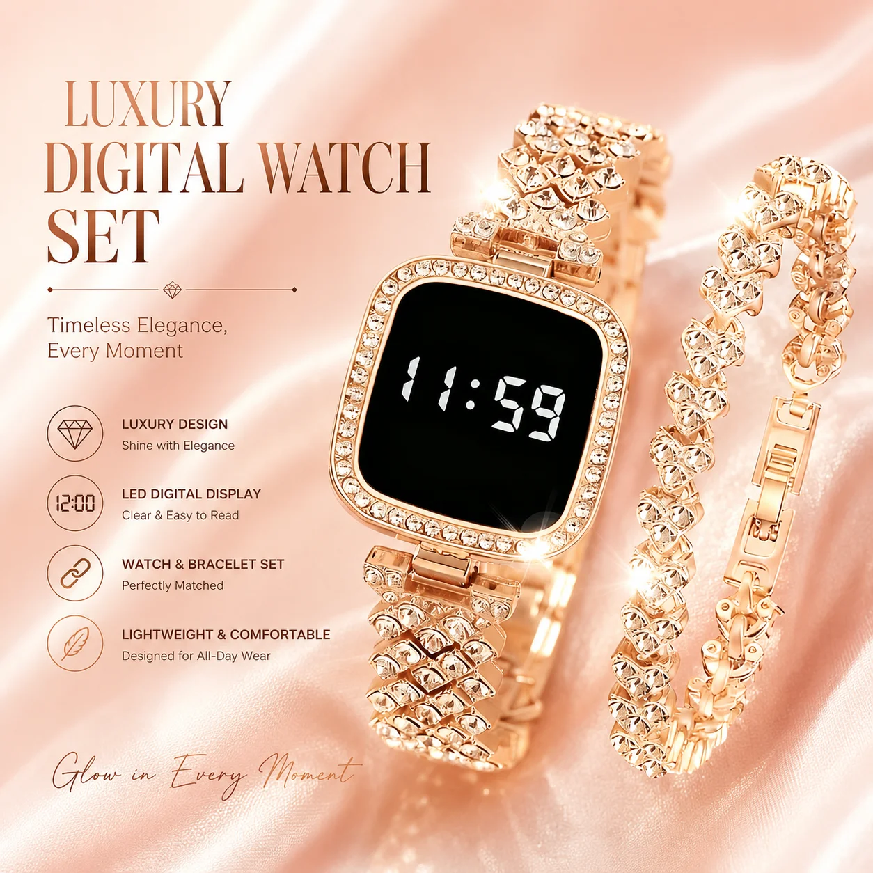 New digital watch set with a free bracelet, square LED display, women's watch made of alloy material