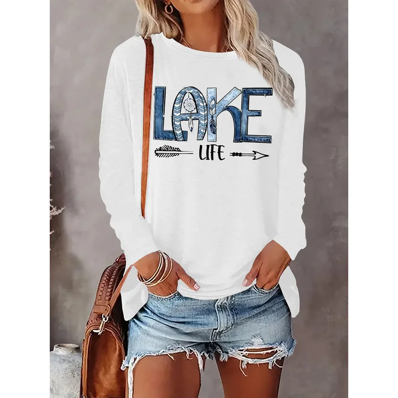 LAKE LIFE Graphic Print Women Long Sleeve Tee Crew Neck Casual Daily Wear Shirts