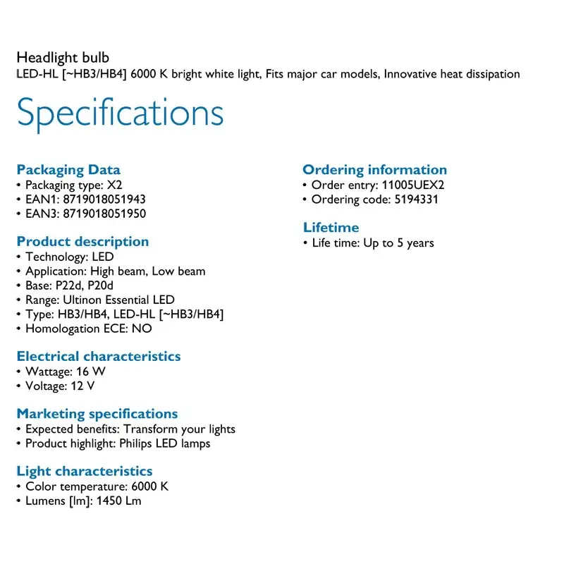 مصابيح LED أمامية للسيارة Philips Ultinon Essential بأنواع HB3 وHB4، 6000K، 12V، إضاءة ساطعة +100%، عبوة زوجية - 6