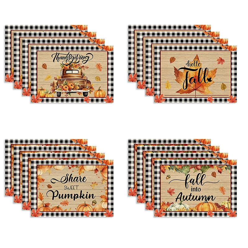4/6pcs retro black and white checkered pumpkin sunflower patterned placemats, anti slip, heat-insulating, and dirt resistant,