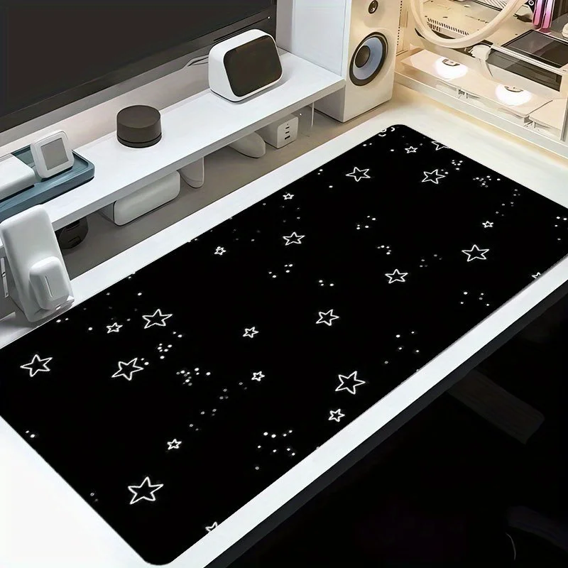 Alfombrilla de Escritorio Extra Grande de 35x16 Pulgadas con Diseño de Noche Estrellada, Alfombrilla de Ratón para Juegos con Patrón Celestial Pintado a Mano, Base de Goma Antideslizante y Bordes Cosidos