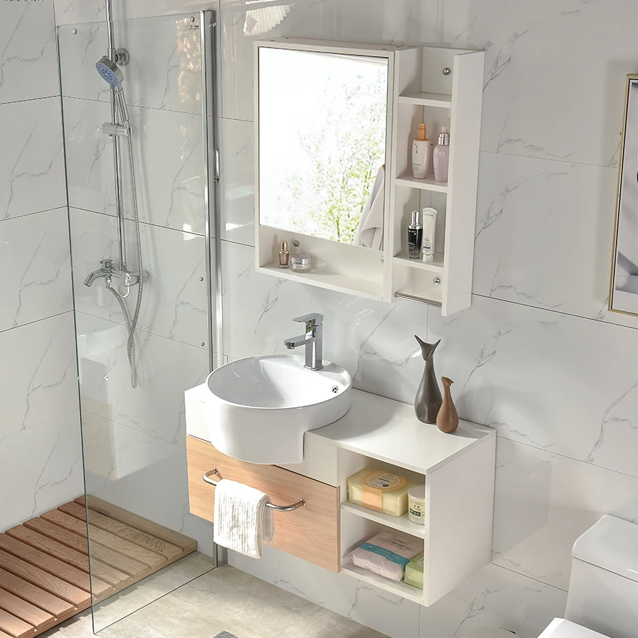 Nordic Japanese Style Modern Solid Wood Floor Standing Bathroom Cabinet Lacquer Finish LED Mirror Waterproof Vanity Combo Basin