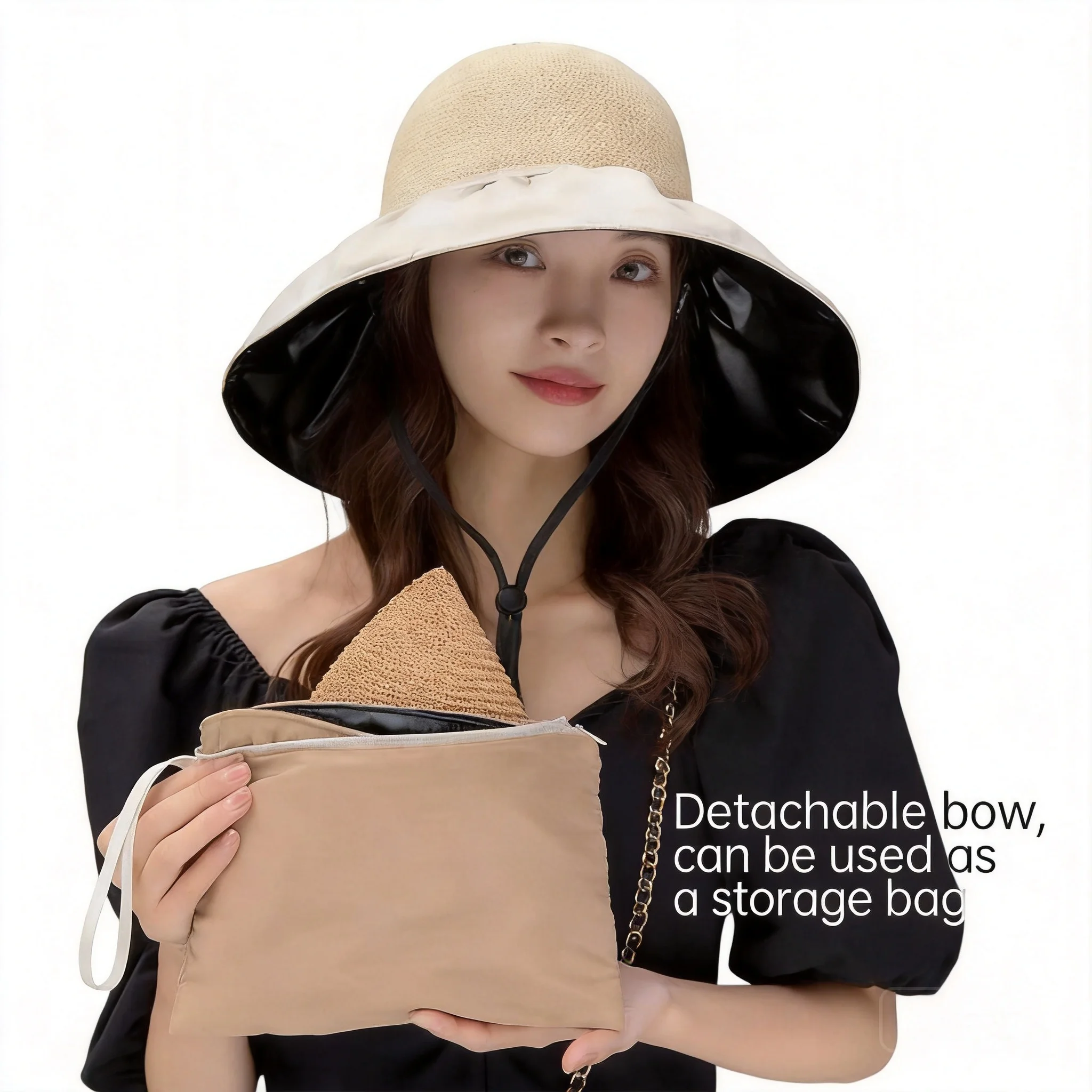 Summer Women Uv Protection Black Glue Wide Brim Sun Hat 100 Cotton Foldable Sunshade Hat With Detachable Storage Bag Multiple