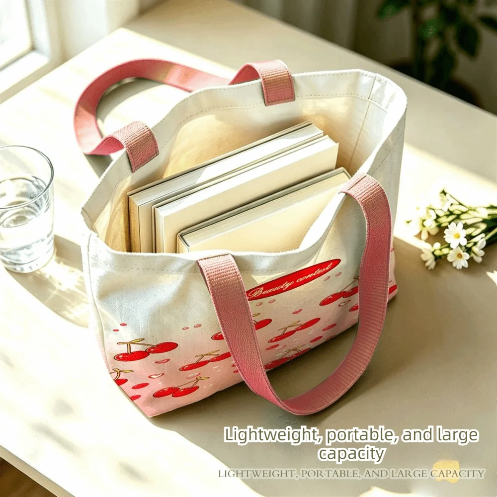 Durable Cherry Print Canvas Bag Reusable Large Capacity Tote Bag Versatile Lightweight Shoulder Bag Daily Use