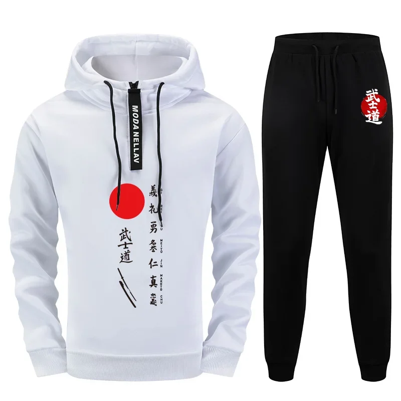 

2 Pieces with Joggers Autumn Winter Casual Outfit Japanese Bushido Half Zip Hoodie Set for Men 2025 Urban Streetwear Tracksuit