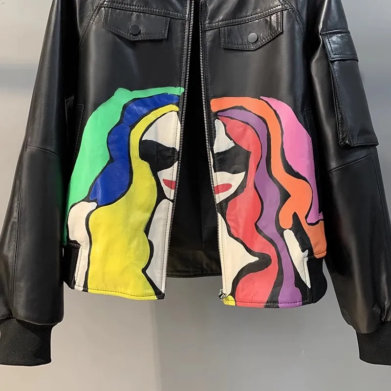 Women\'s Leather Baseball Jacket, Short Thread Stand Collar, Sheepskin Jacket, Colored Graffiti Leather Jacket, Spring and Autumn